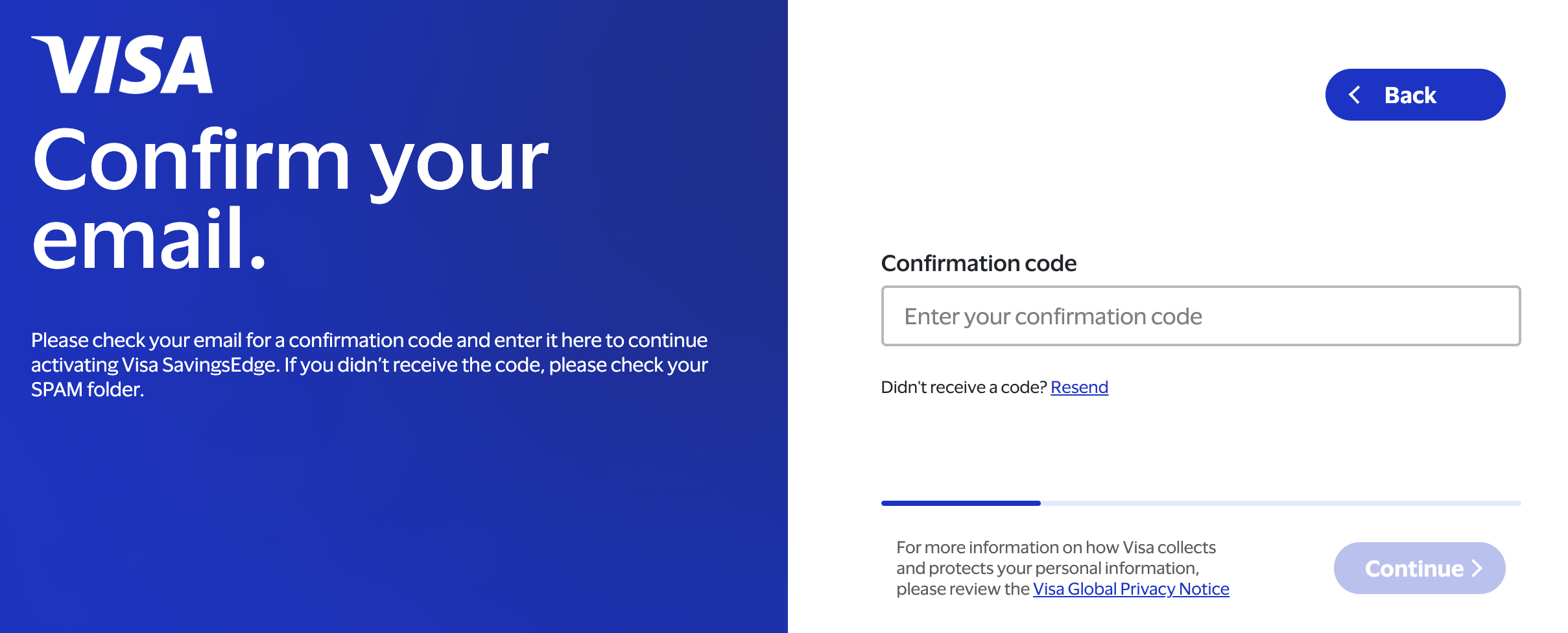 Visa savingsedge confirmation code page